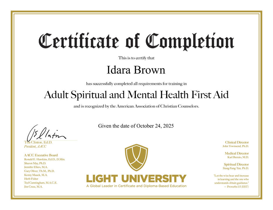 SMHFA Certificate Spiritual and Mental Health First Aid Certificate awarded by the American Association of Christian Counselors.